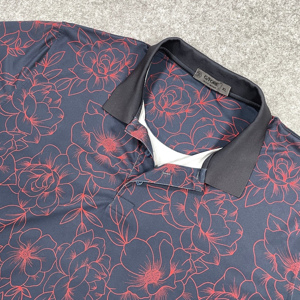 G/FORE Mens Golf Polo Shirt XL Navy Blue Red Floral Outline Performance